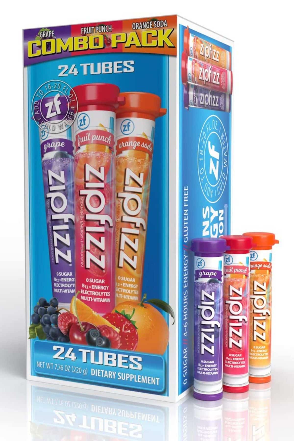 a box of 24 Zipfizz tubes in three flavors.