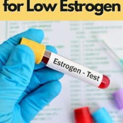 a person in medical gloves holding a vial labeled "estrogen-test".