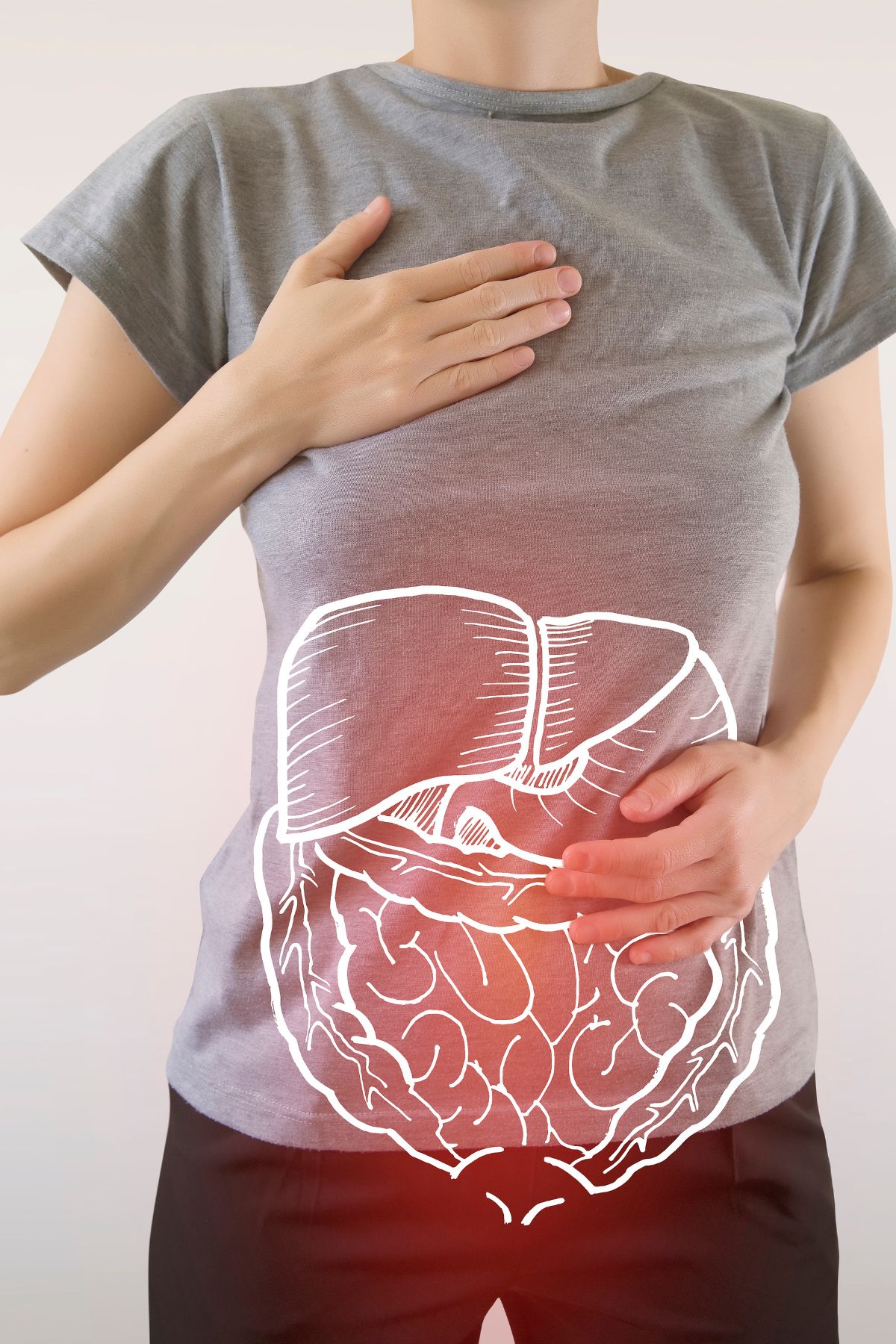 an illustration of a digestive tract on a photo of a woman holding her abdomen.  