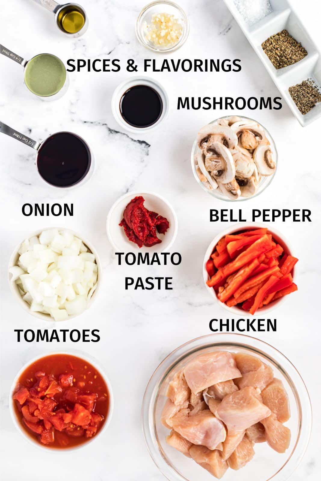 ingredients for keto chicken cacciatore with labels.