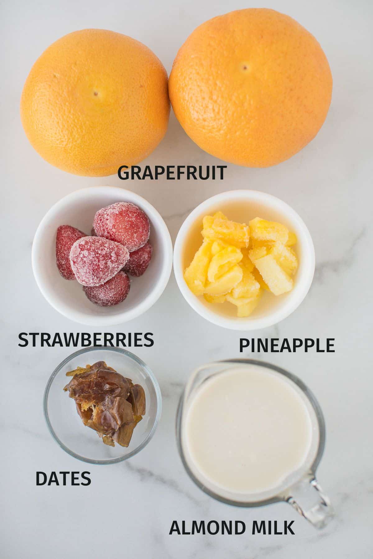 labeled ingredients for grapefruit smoothie.