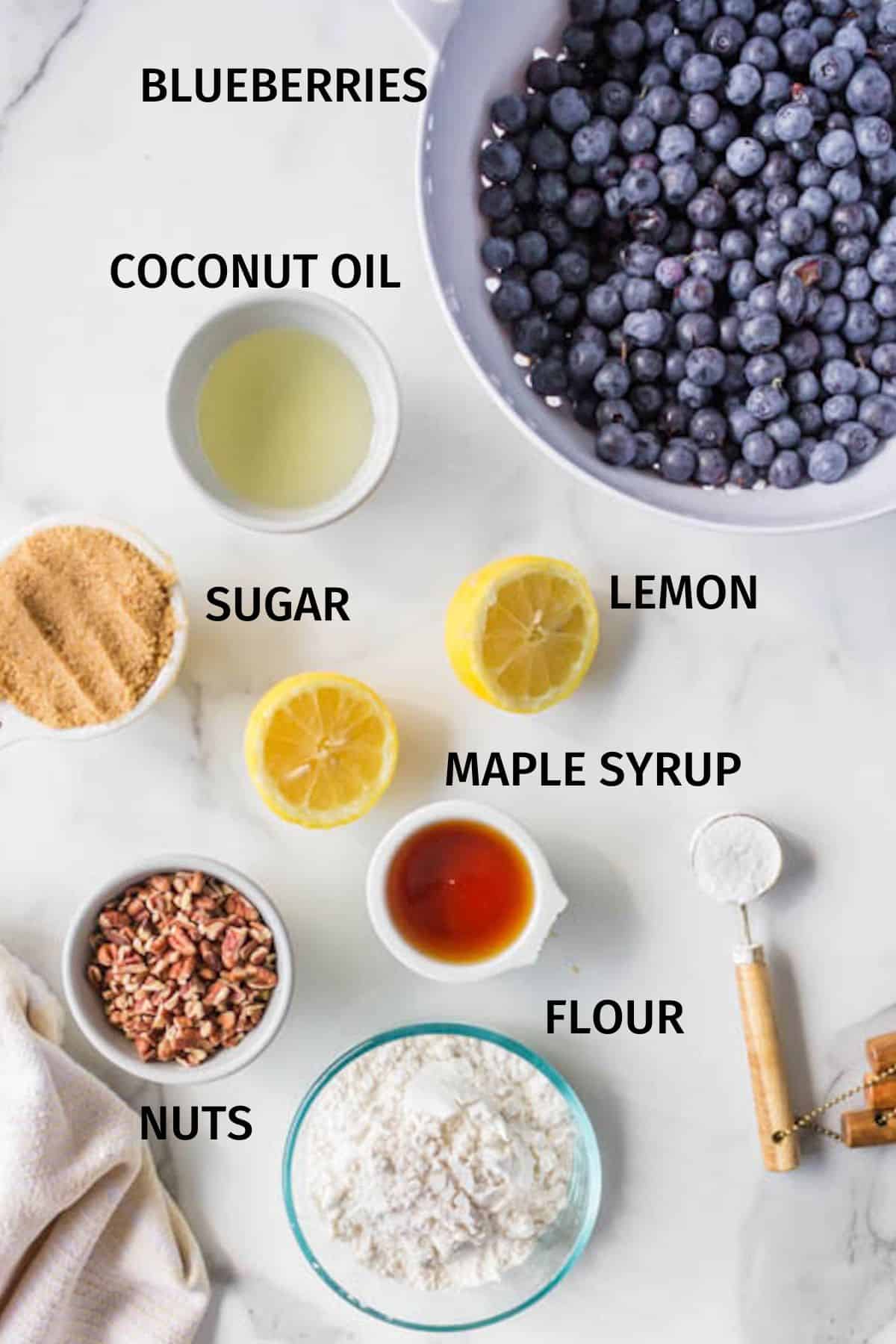 labeled photo with ingredients for blueberry crisp.