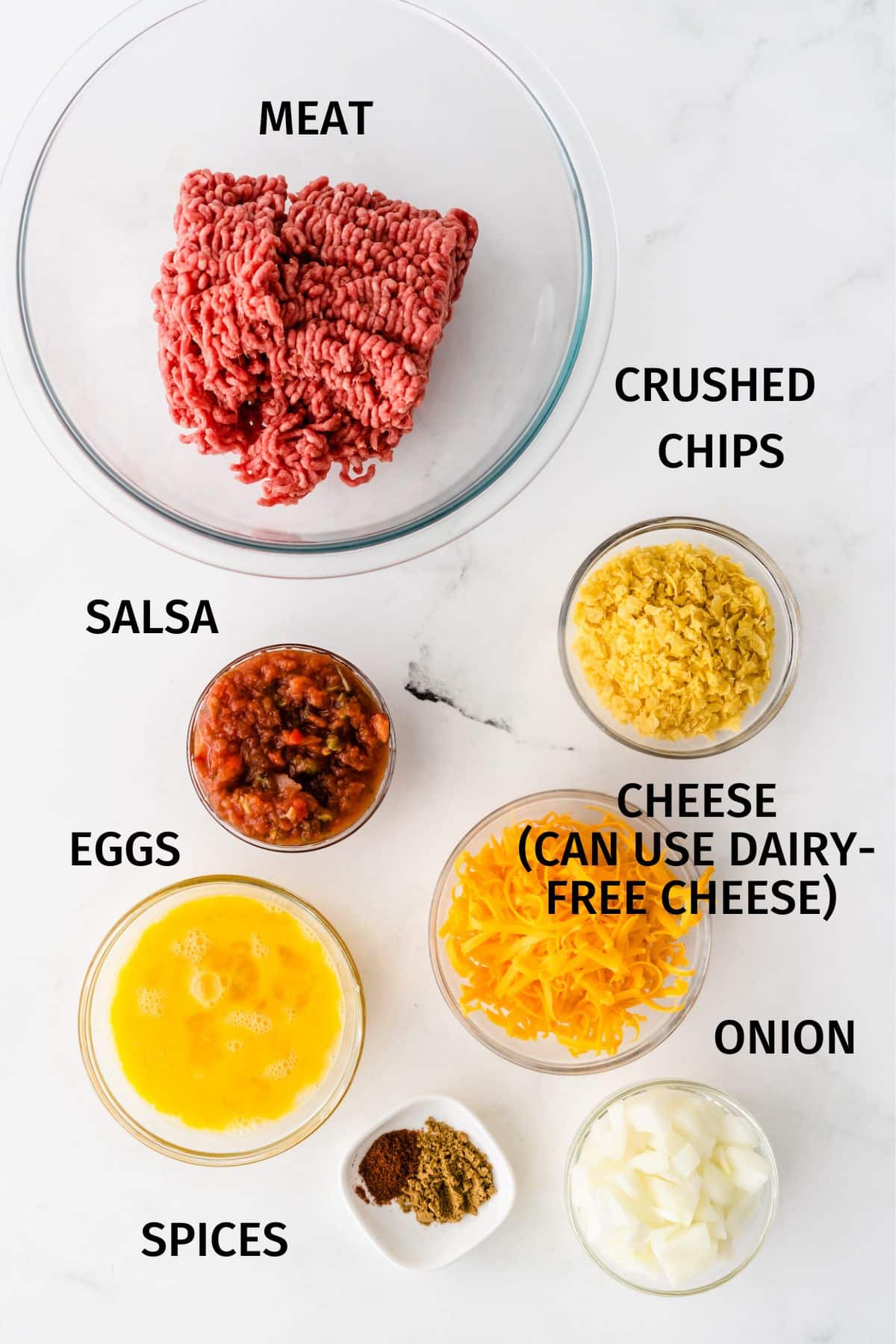 photo with labeled ingredients for taco meatloaf recipe.