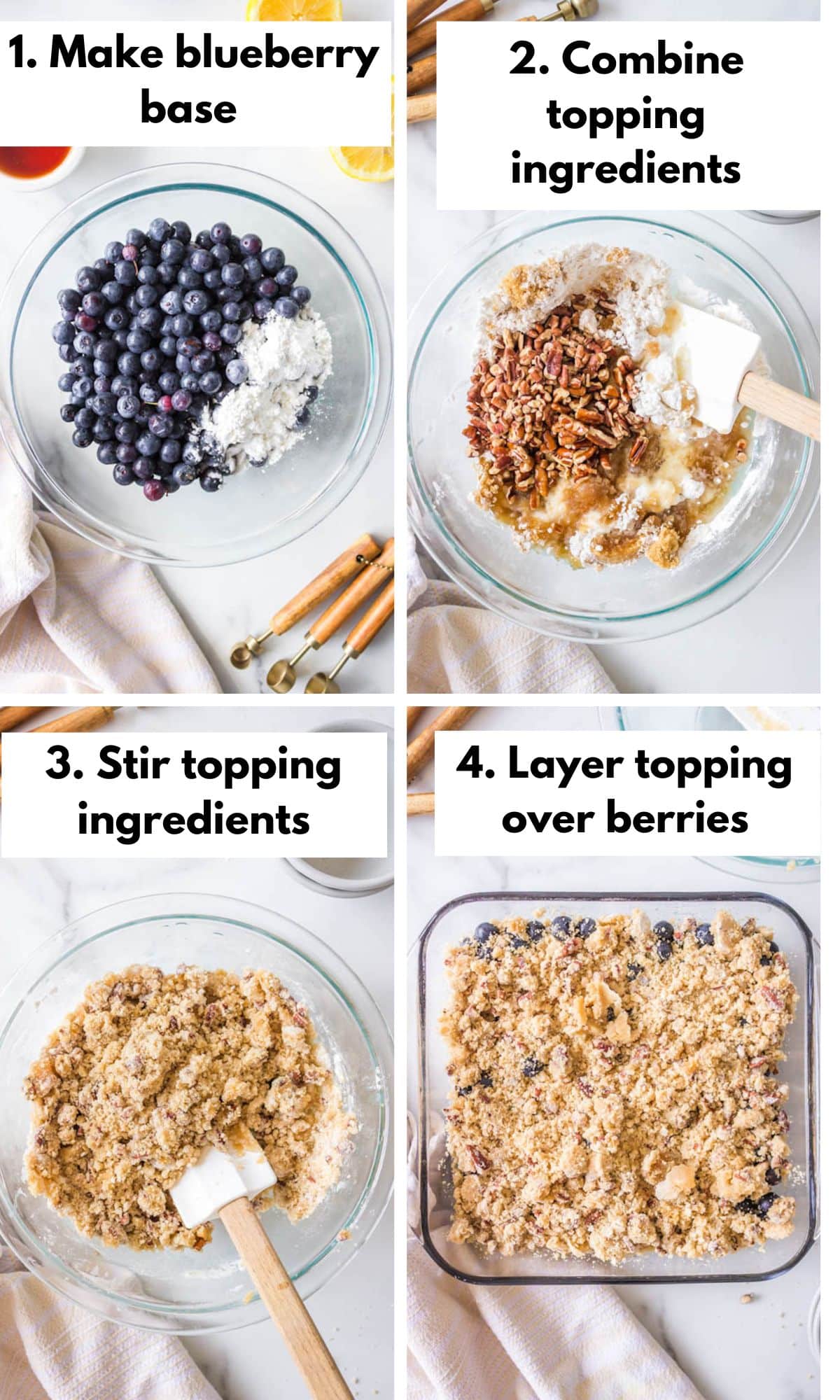 process photos for how to make blueberry crisp.