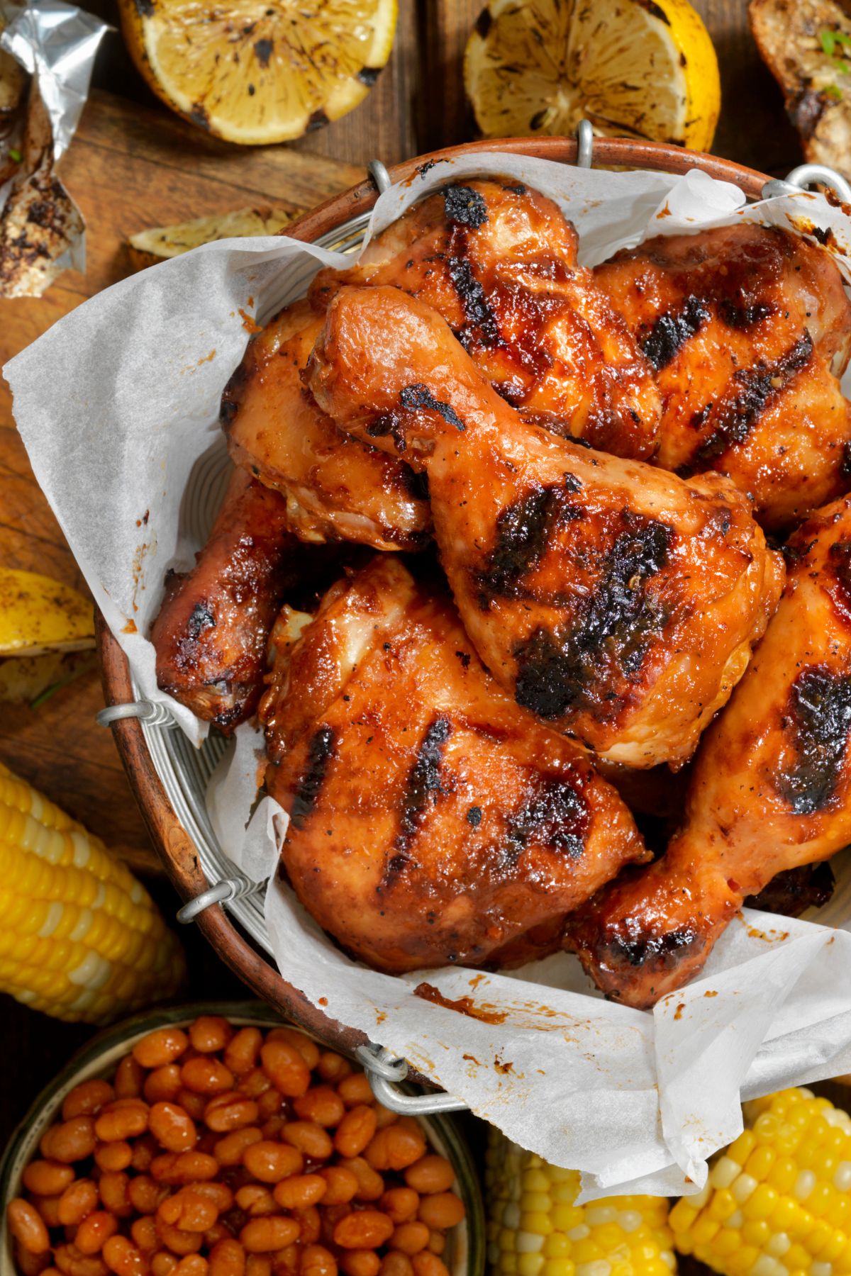 a bowl of bbq chicken surrounded by corn and beans.