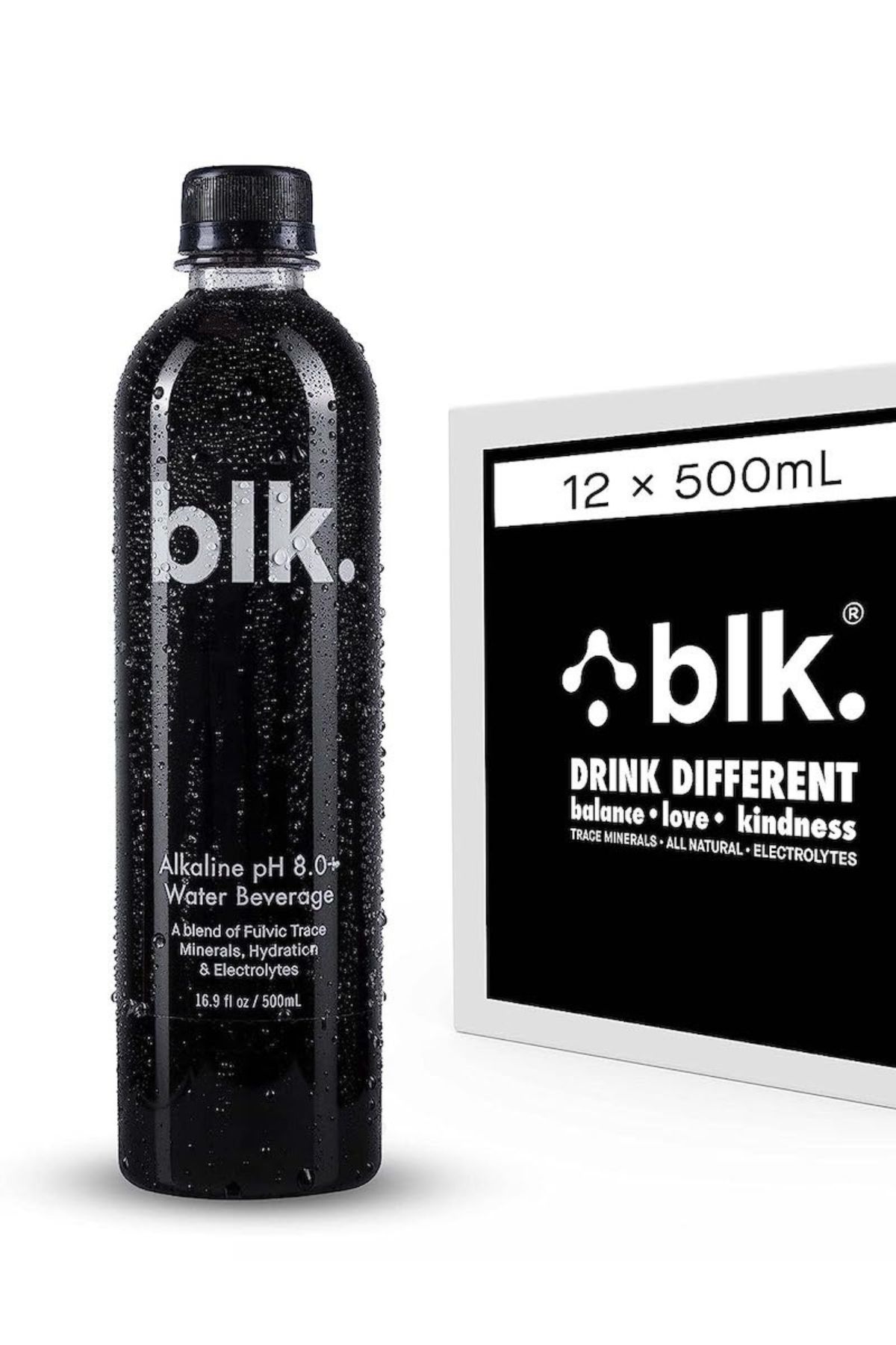 a bottle of Blk Water next to a box of twelve.
