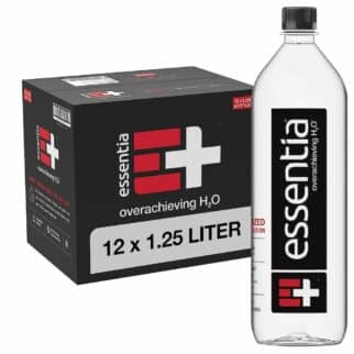 a bottle of Essentia Water next to a box.