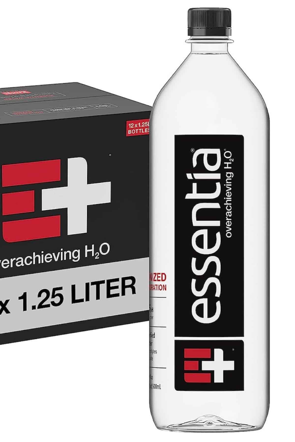 a bottle of Essentia Water next to a box.