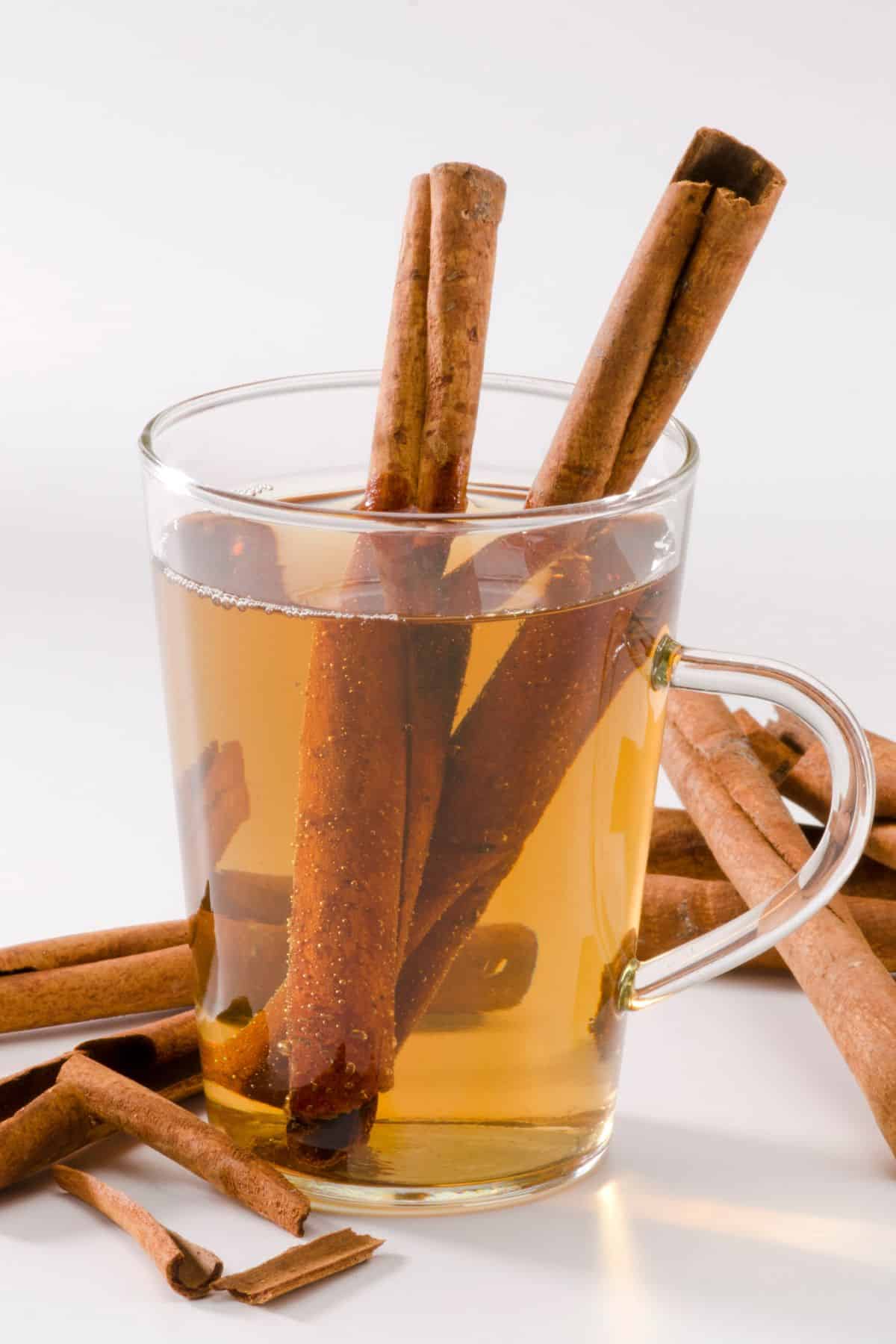 cinnamon tea in a cup with two cinnamon sticks.