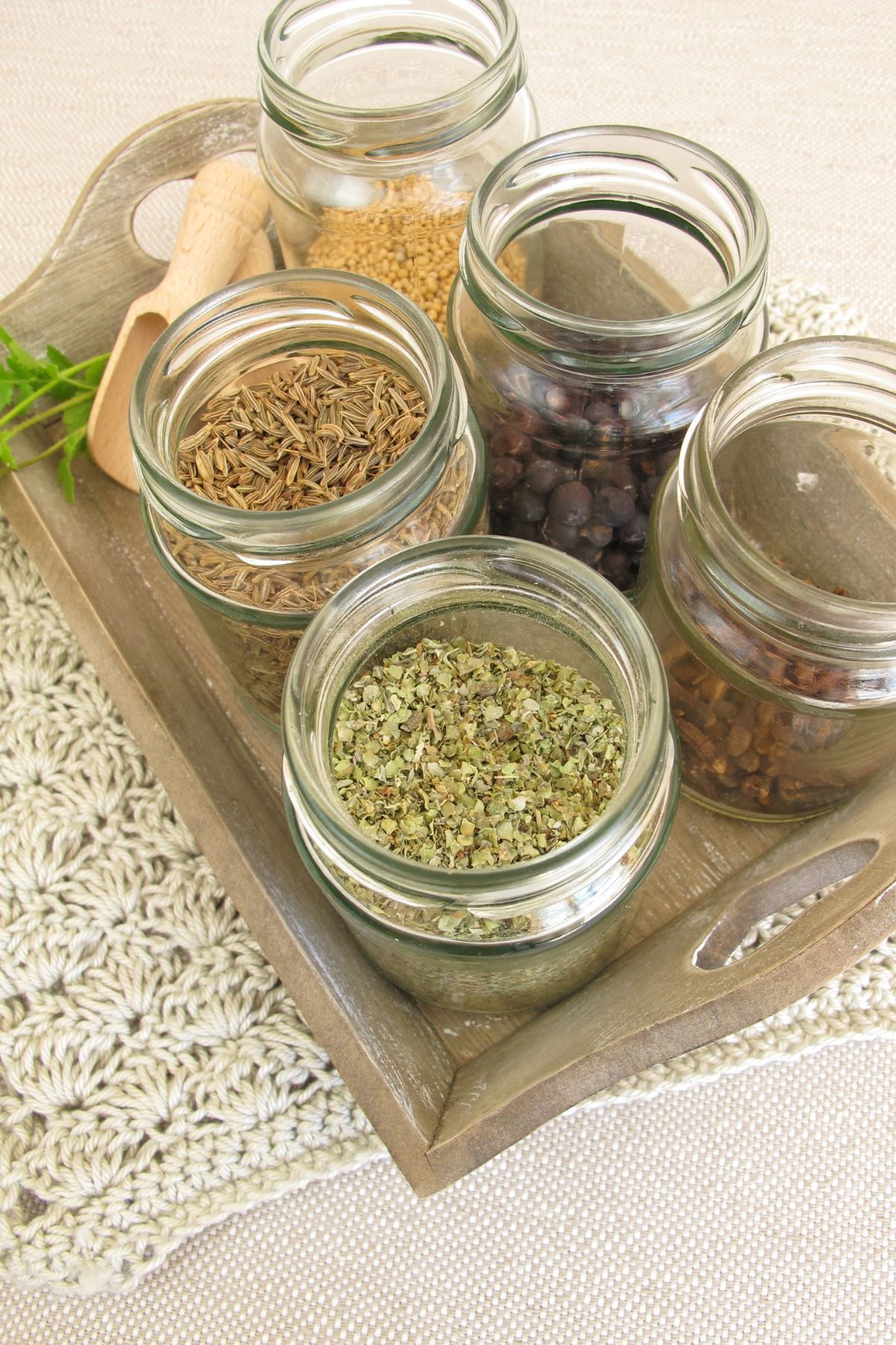 dried herbs and spices on table.