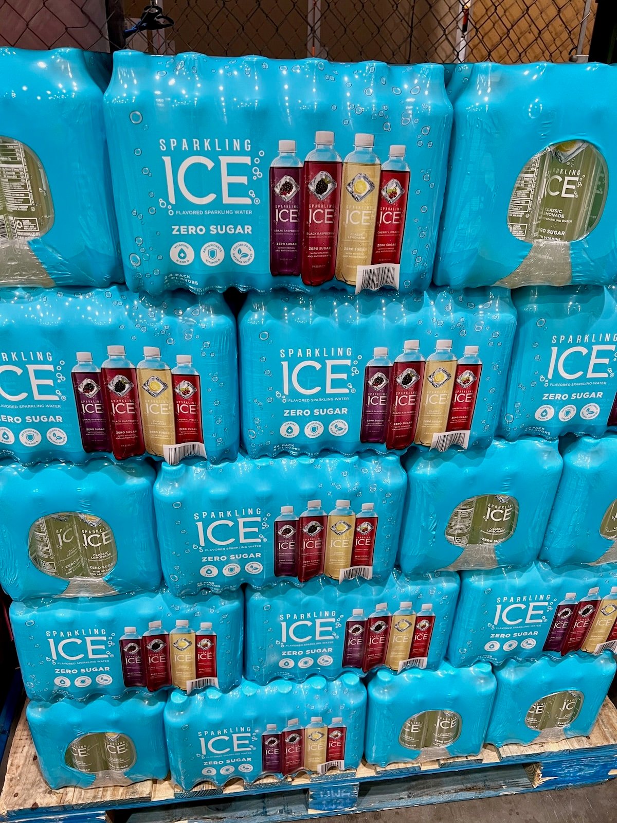sparkling ice cases at costco on pallet.
