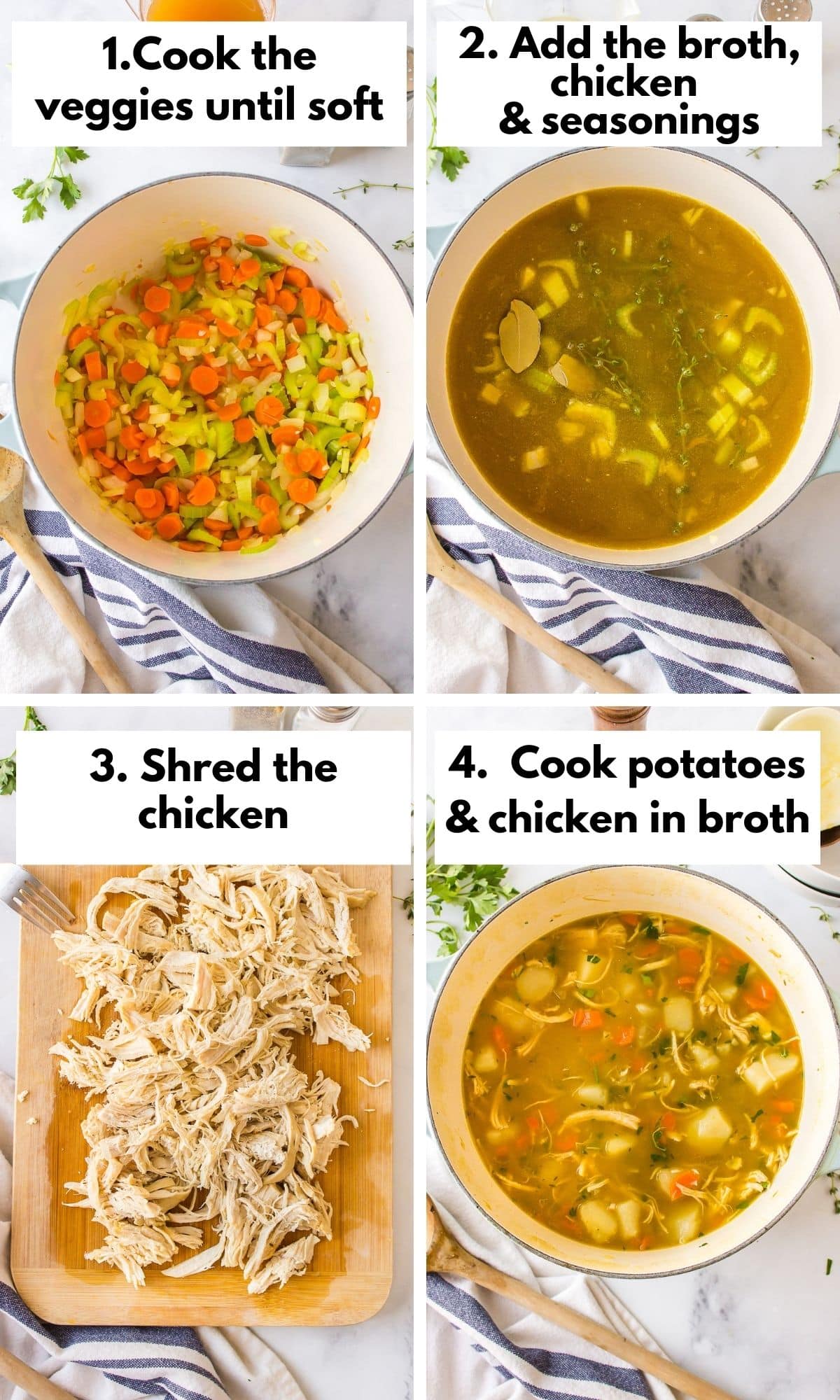 four pictures showing the process of cooking bone broth chicken soup.