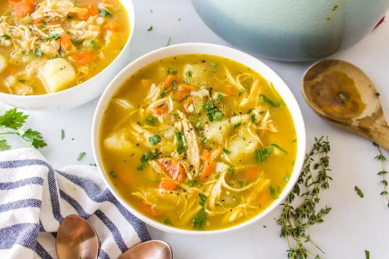 a bowl of bone broth chicken soup.