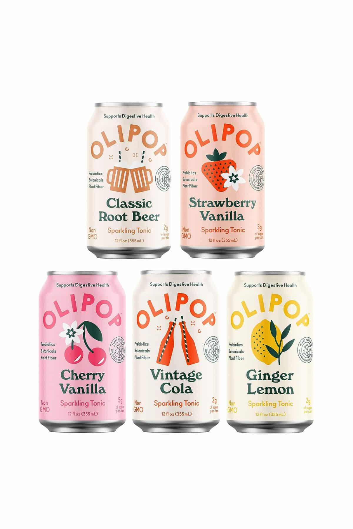 five varieties of Olipop in cans.