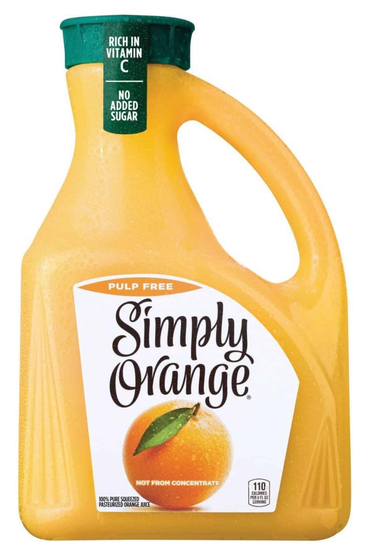 a large jug of Simply Orange Juice.