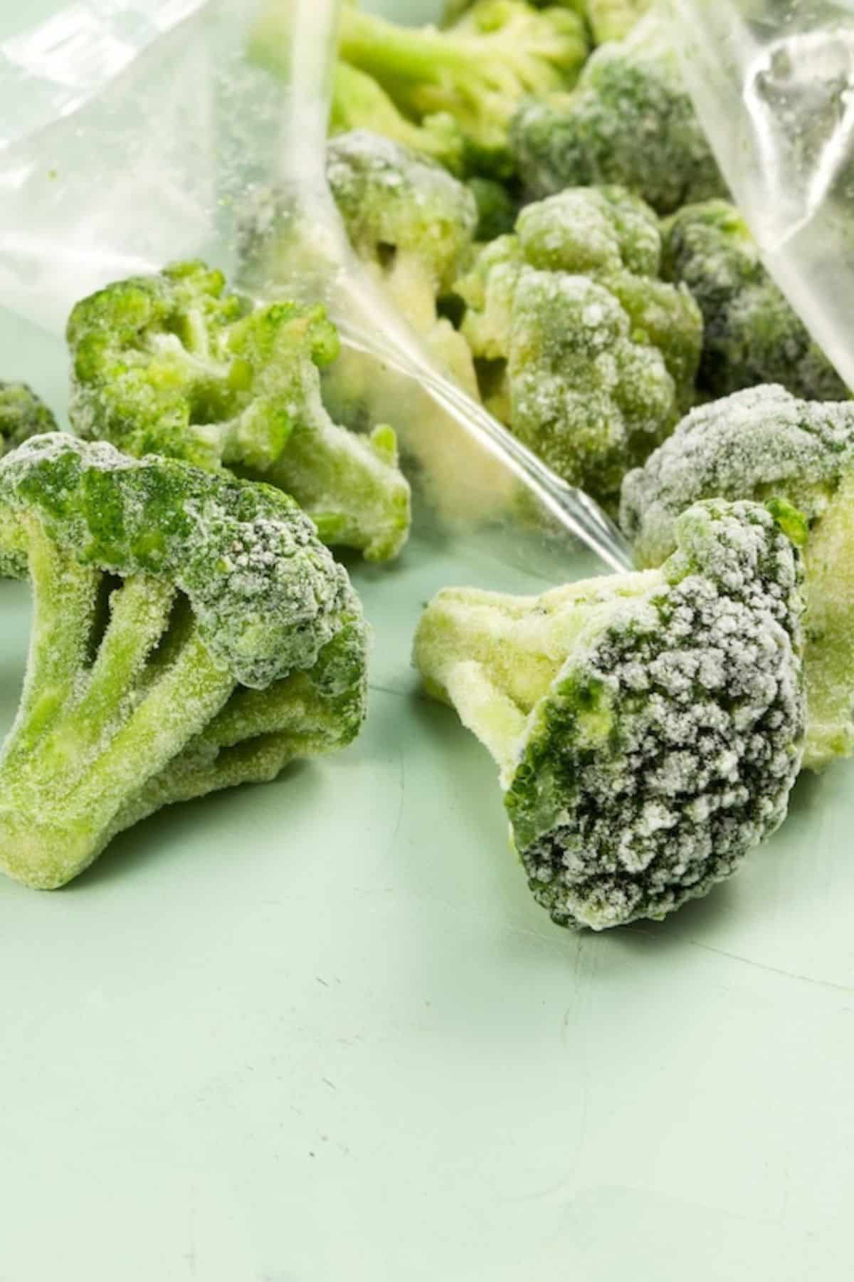 frozen broccoli on table in bag.