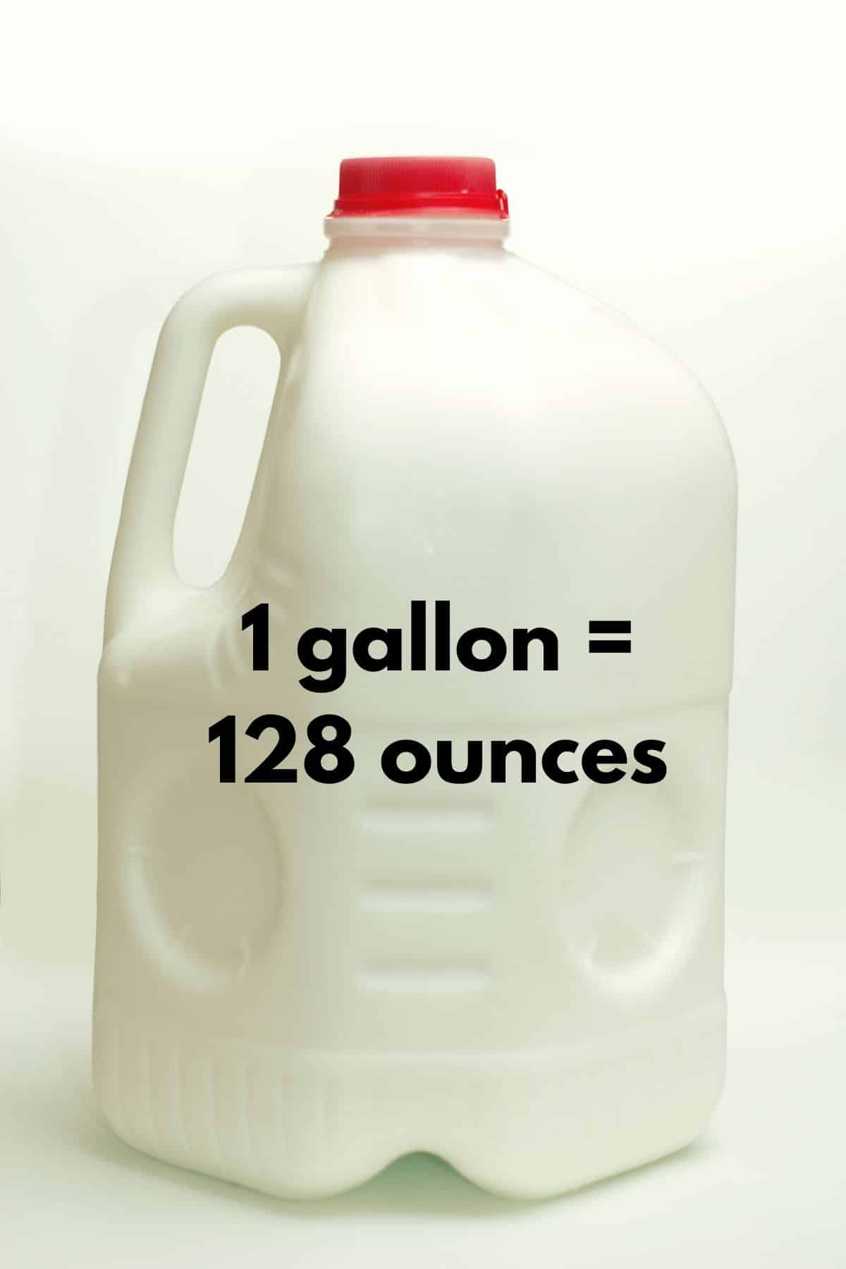 gallon of milk with graphic noting that there are 128 ounces in a gallon.