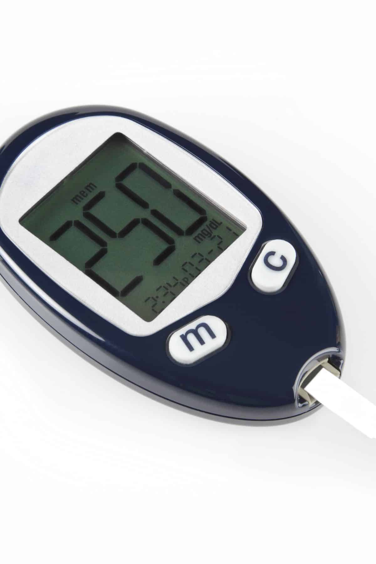 a blood sugar meter reading high blood sugar.