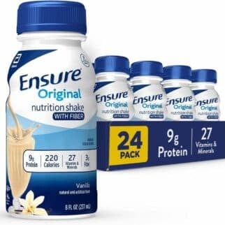 a bottle of vanilla Ensure next to a package of 24 bottles.