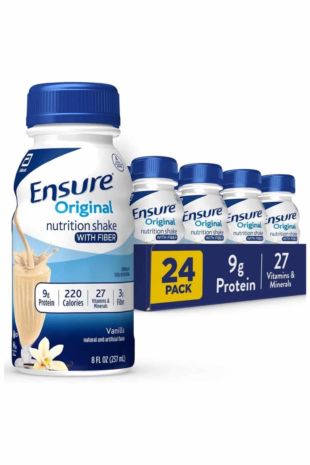 a bottle of vanilla Ensure next to a package of 24 bottles.