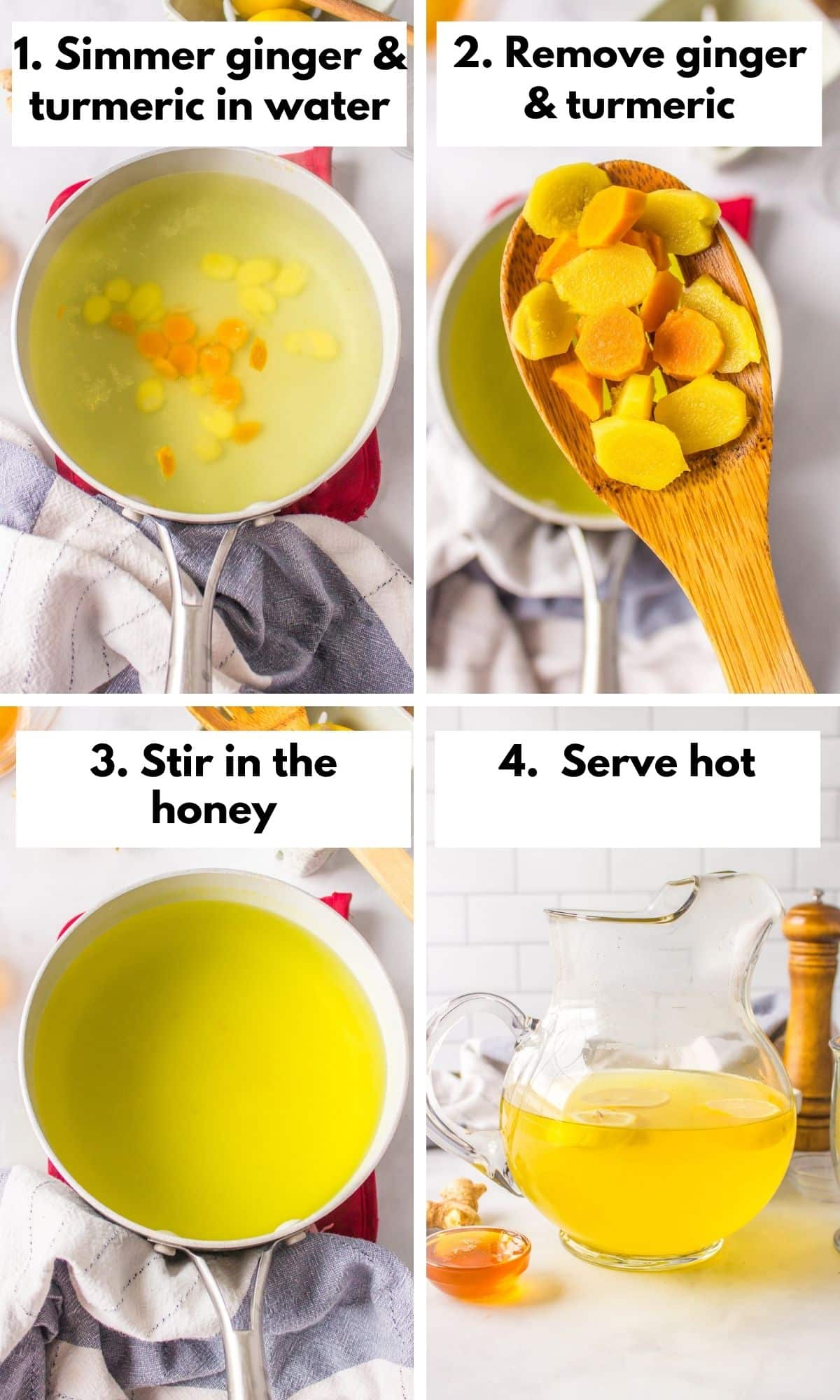 process collage of how to make lemon ginger turmeric tea.