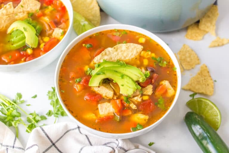 Panera chicken tortilla soup in a white bowl.