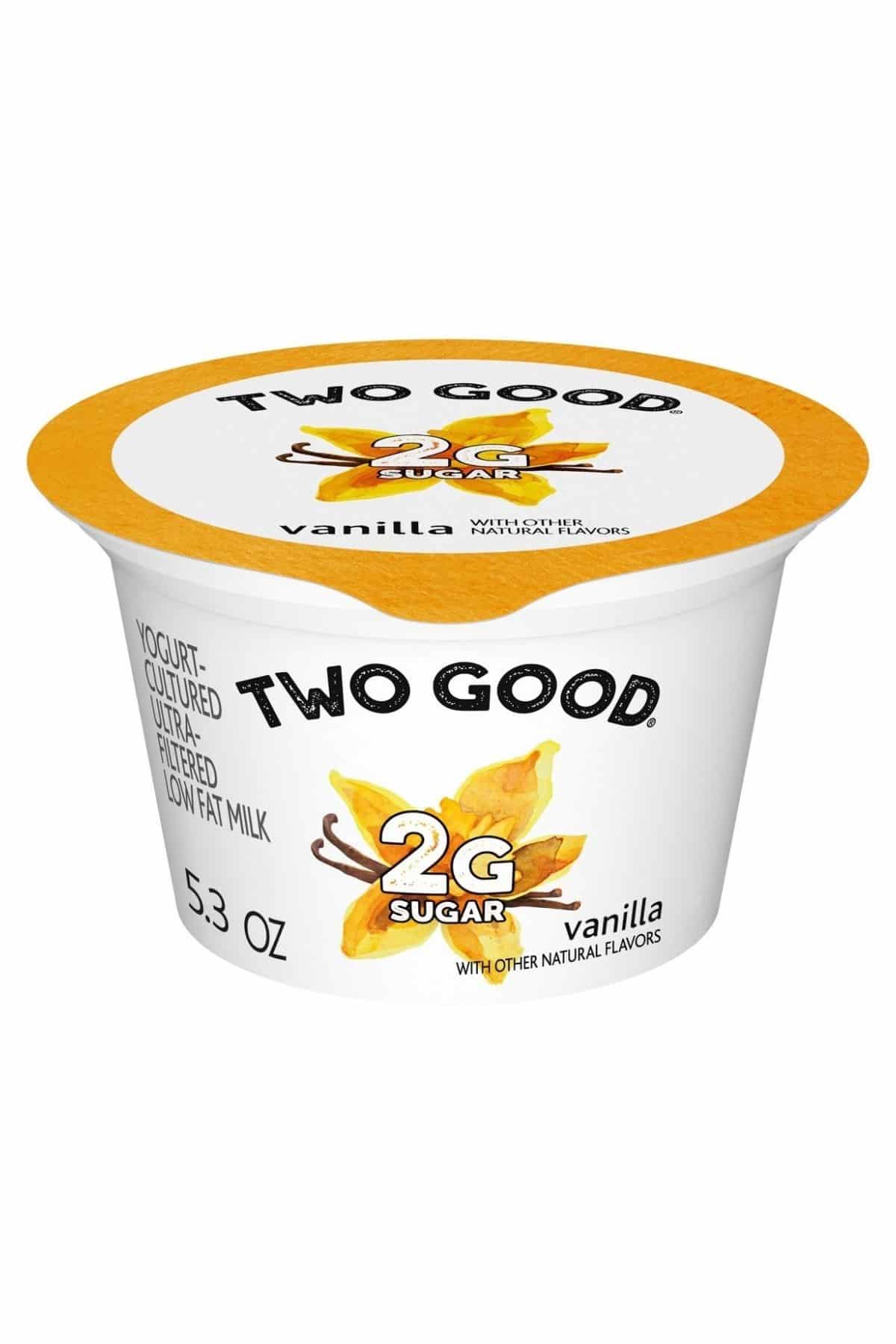 a tub of Two Good Yogurt in vanilla.