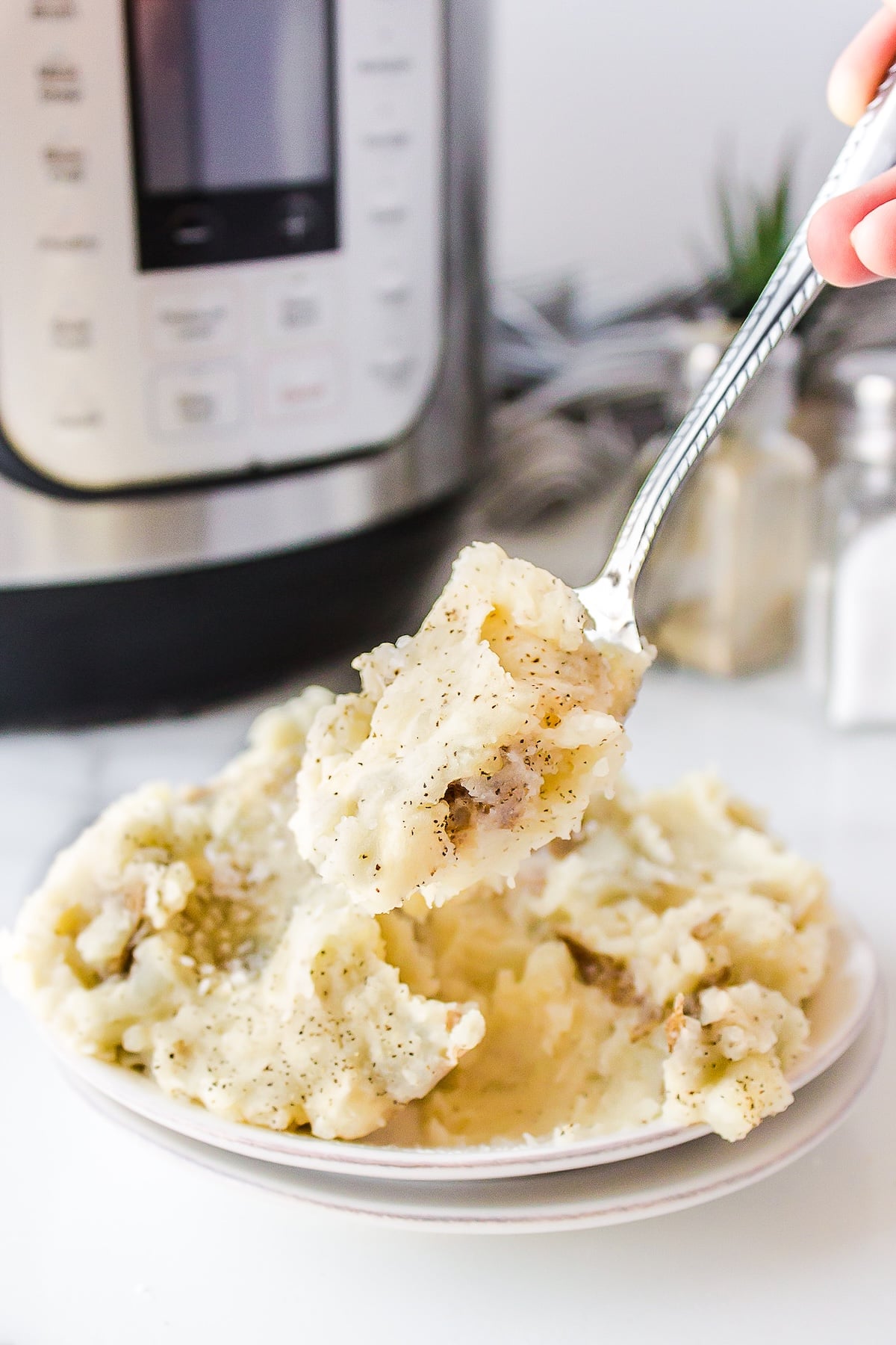 plate with instant pot mashed potatoes and spoon.