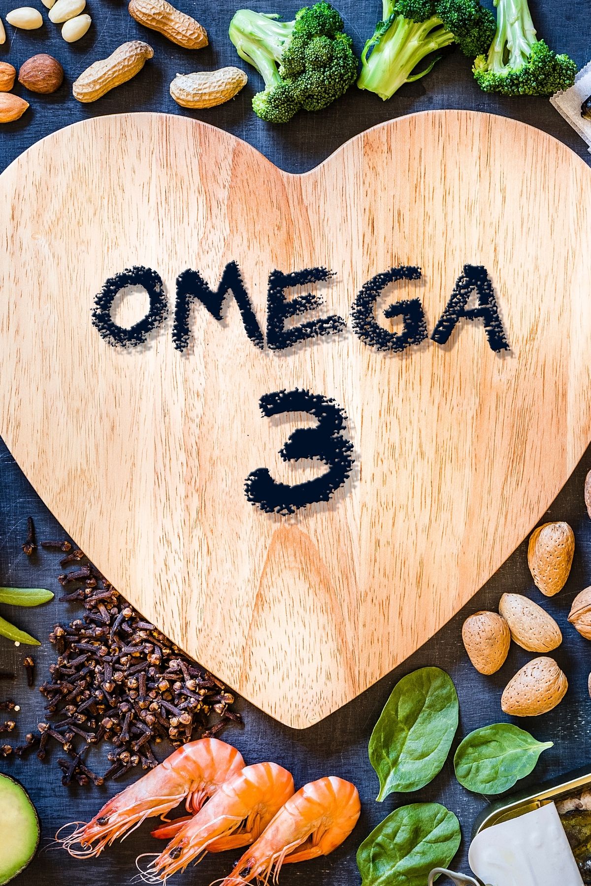 various foods rich in omega 3s surrounding a wooden heart.