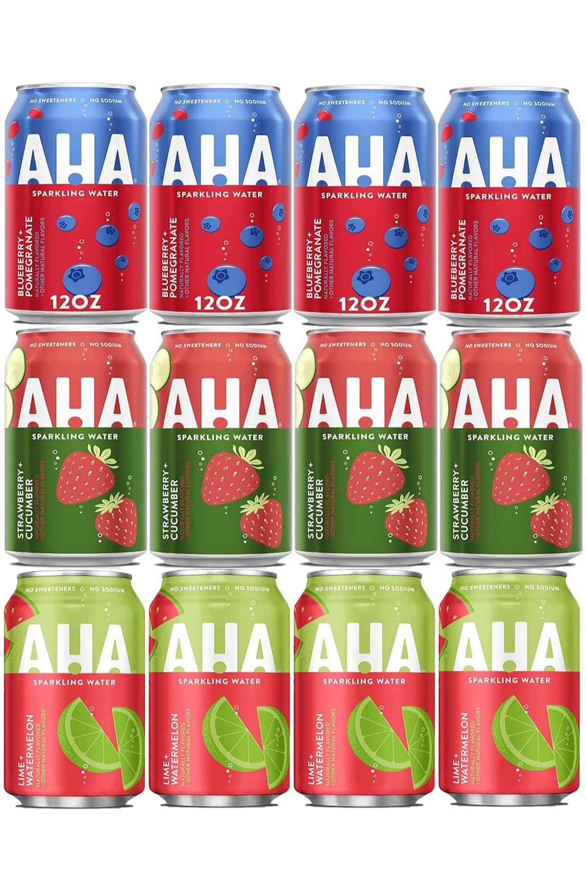 a variety of AHA sparkling water cans.