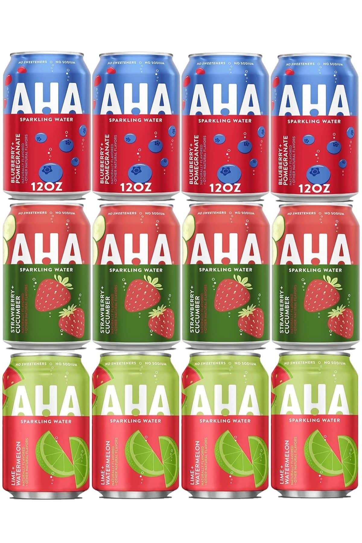 a variety of AHA sparkling water cans.