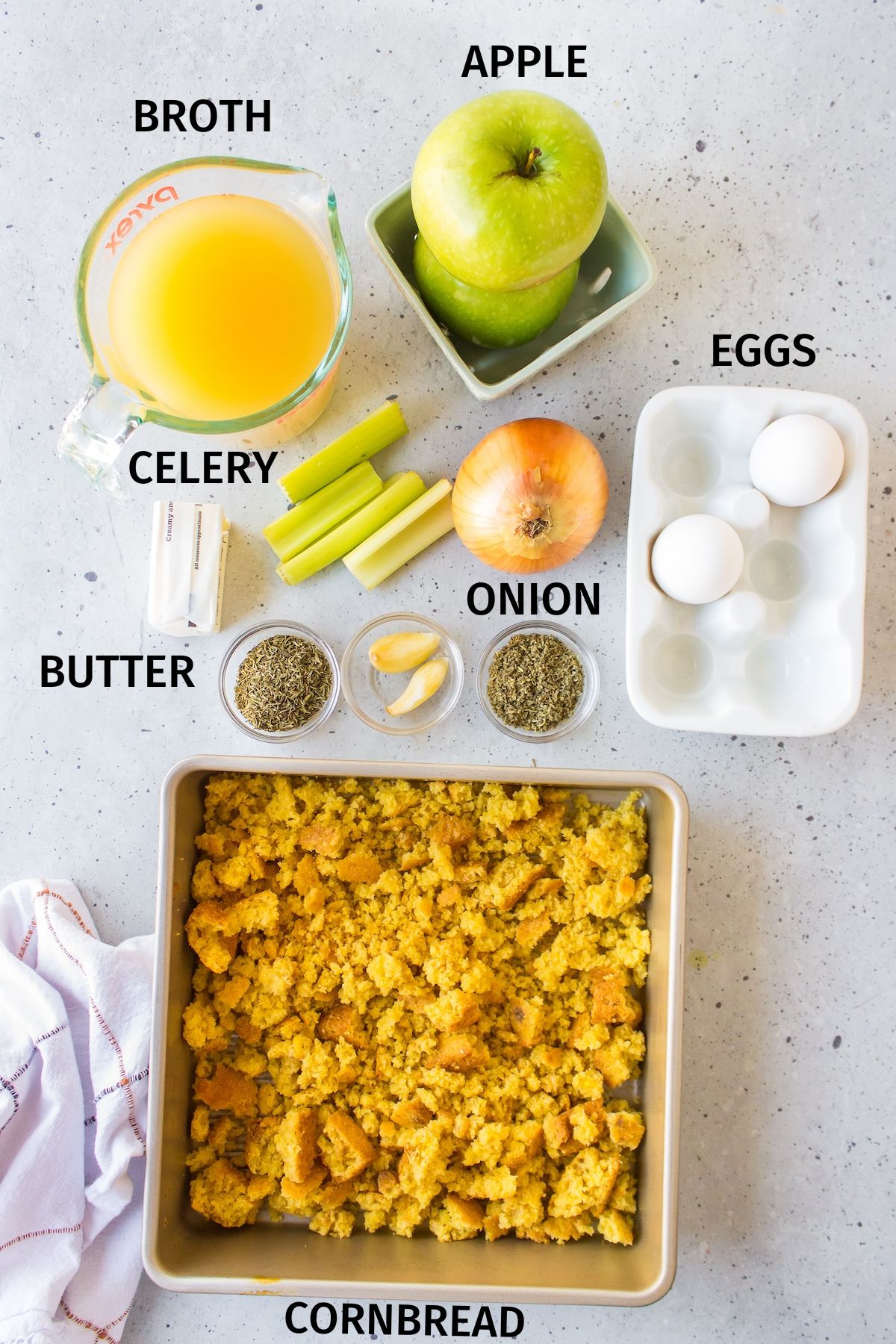ingredients for gluten-free cornbread stuffing on a counter.