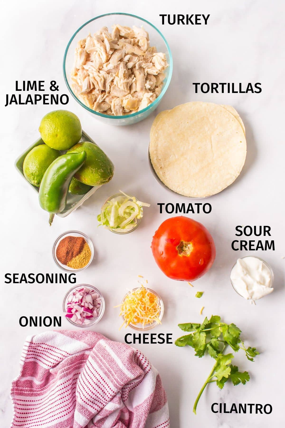 ingredients for leftover turkey tacos on a counter.