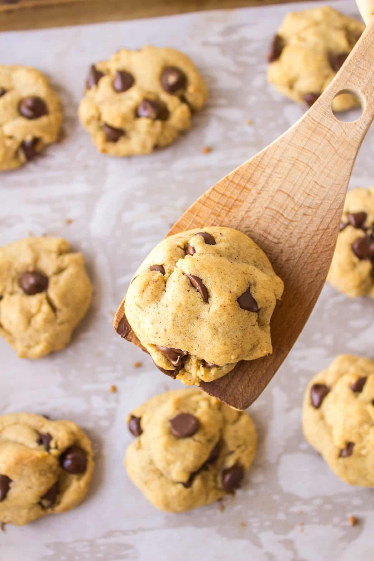 a baked chocolate chip cookie without butter on a wooden spatula.