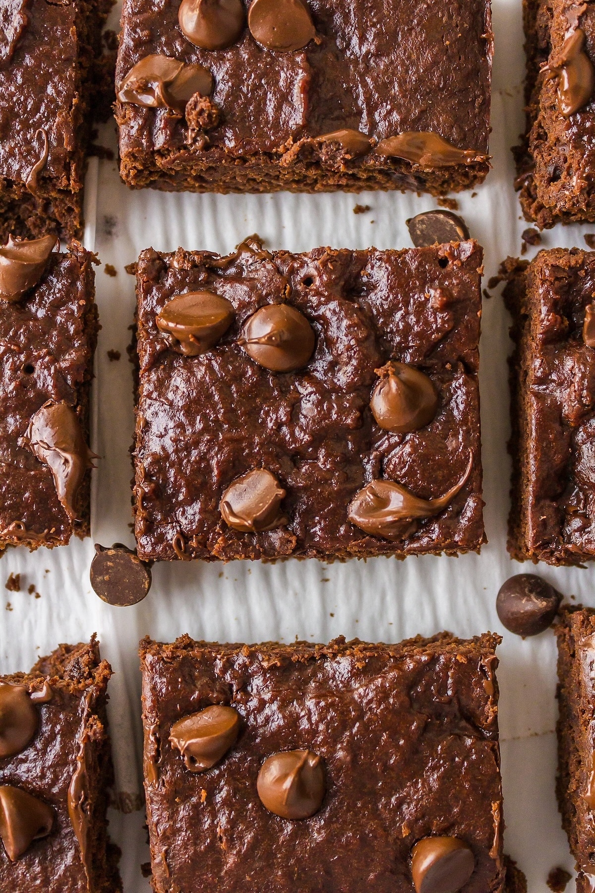 baked dairy-free brownies up close to see texture.
