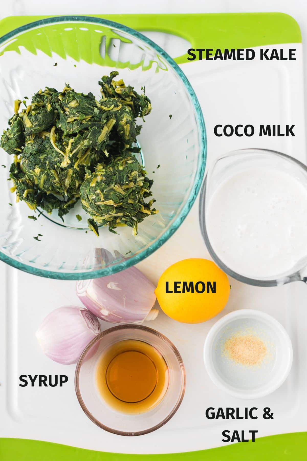 labeled ingredients for creamed kale recipe.