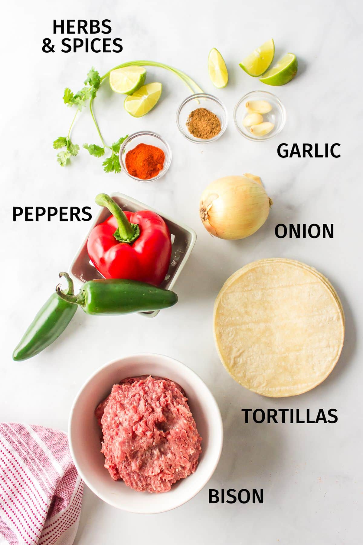 ingredients for ground bison tacos on a counter.
