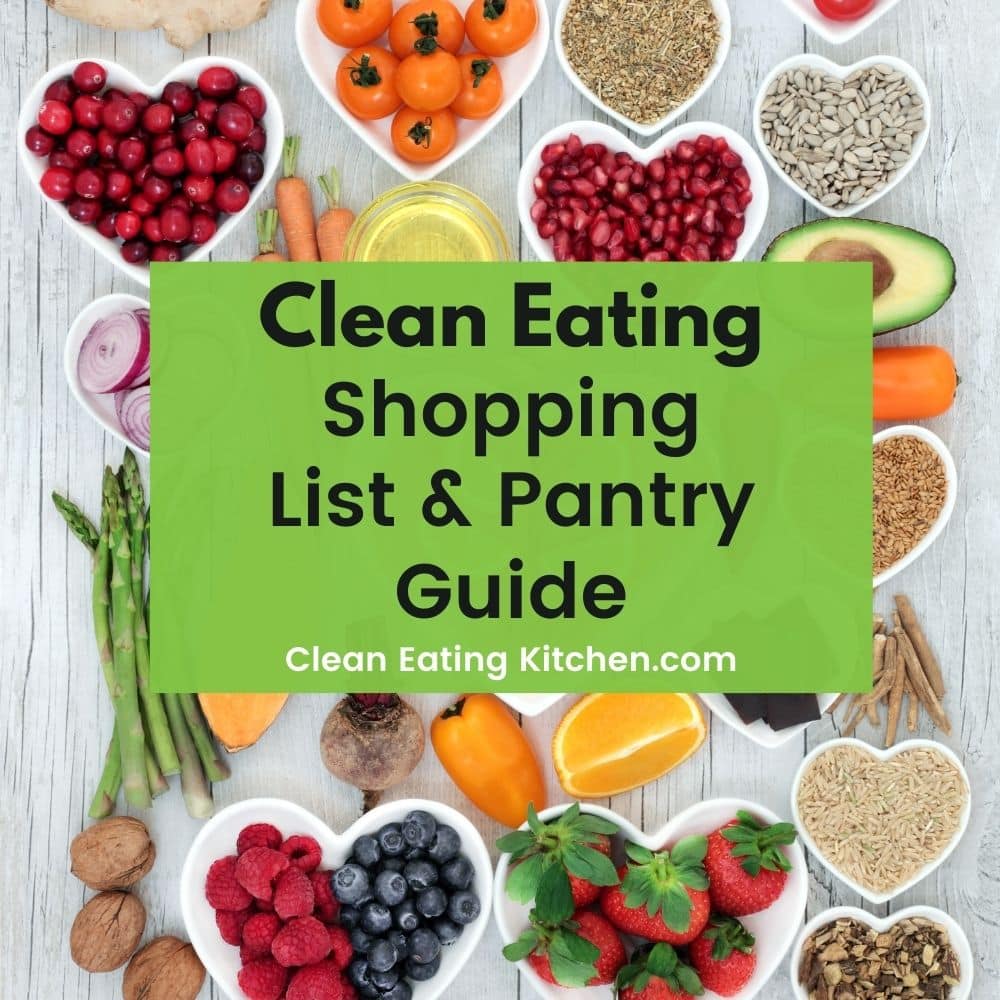 clean eating shopping list and pantry guide cover.