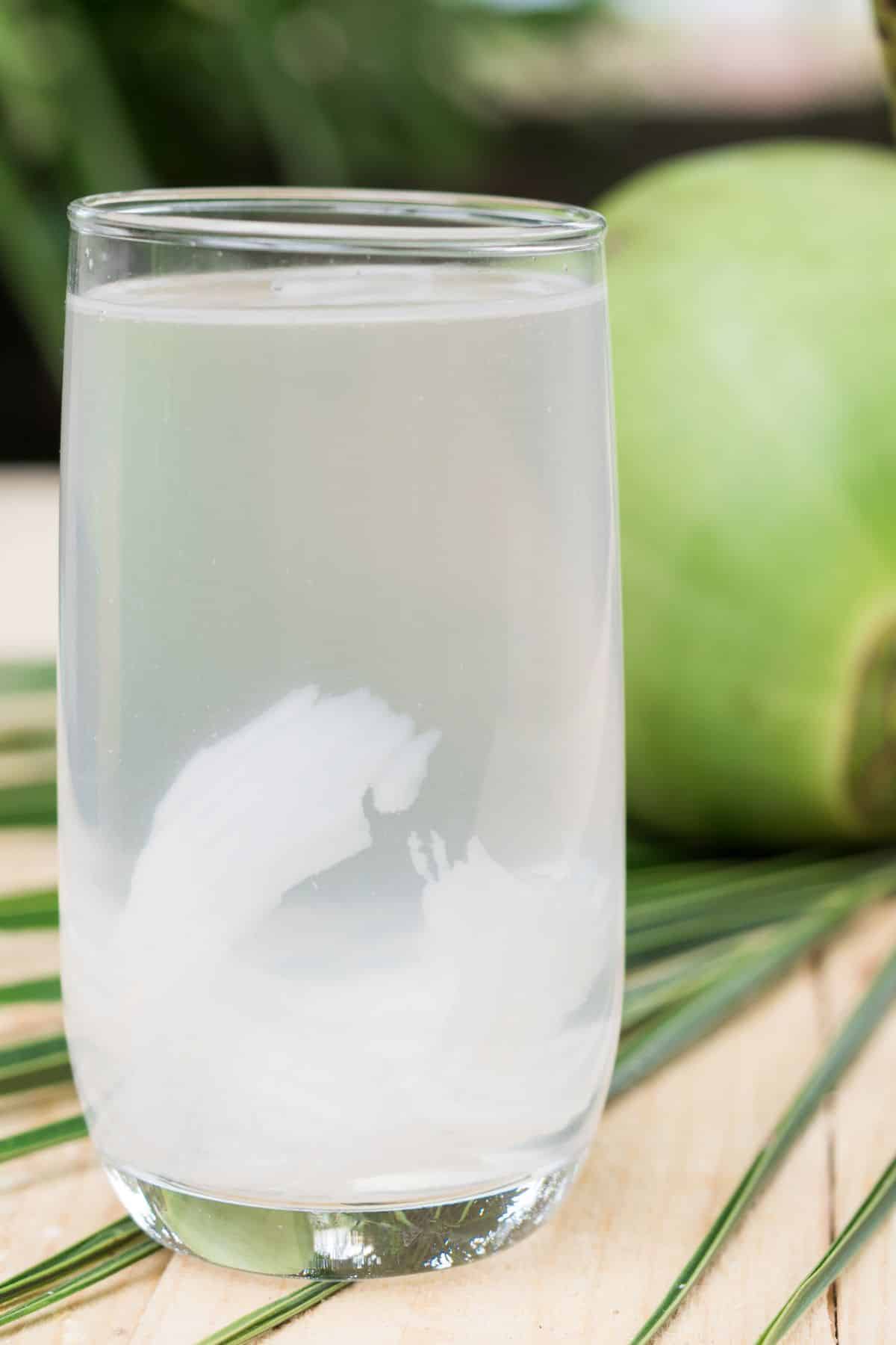 coconut water in a glass.