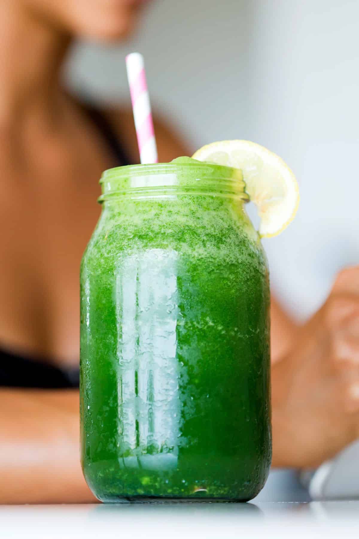 a mason jar of green juice.
