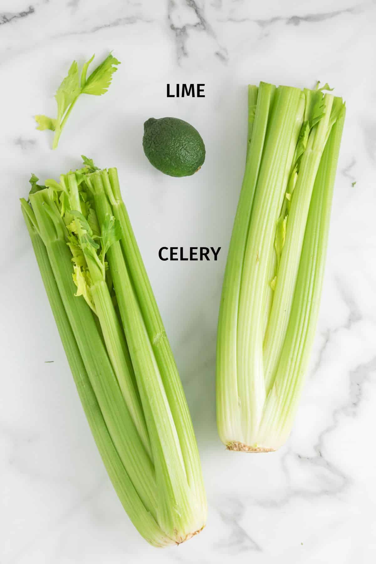 ingredients for making celery juice with labels.