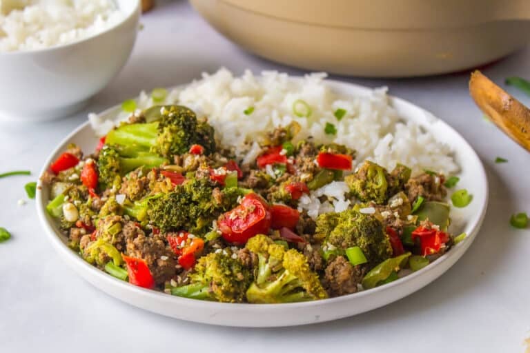 a plate of bison stir-fry with rice.