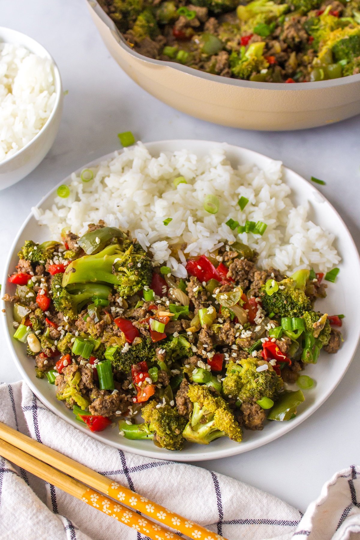 a plate of bison stir-fry with rice.