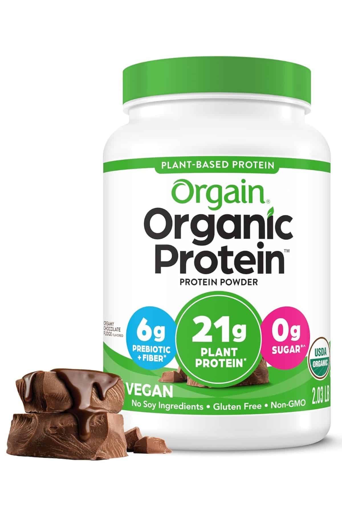 a jar of chocolate Orgain Protein powder.