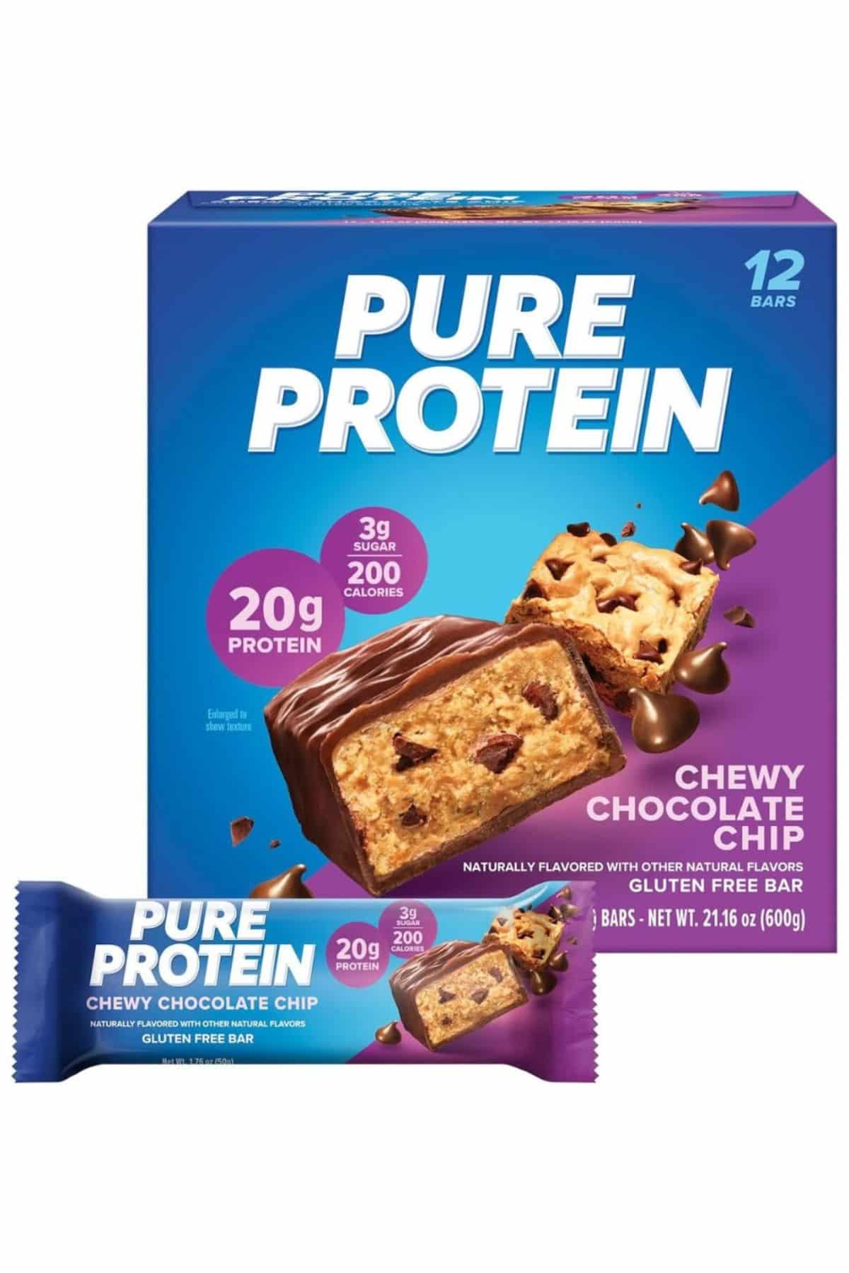a box of Chewy Chocolate Chip Pure Protein Bars with an individual bar in front.