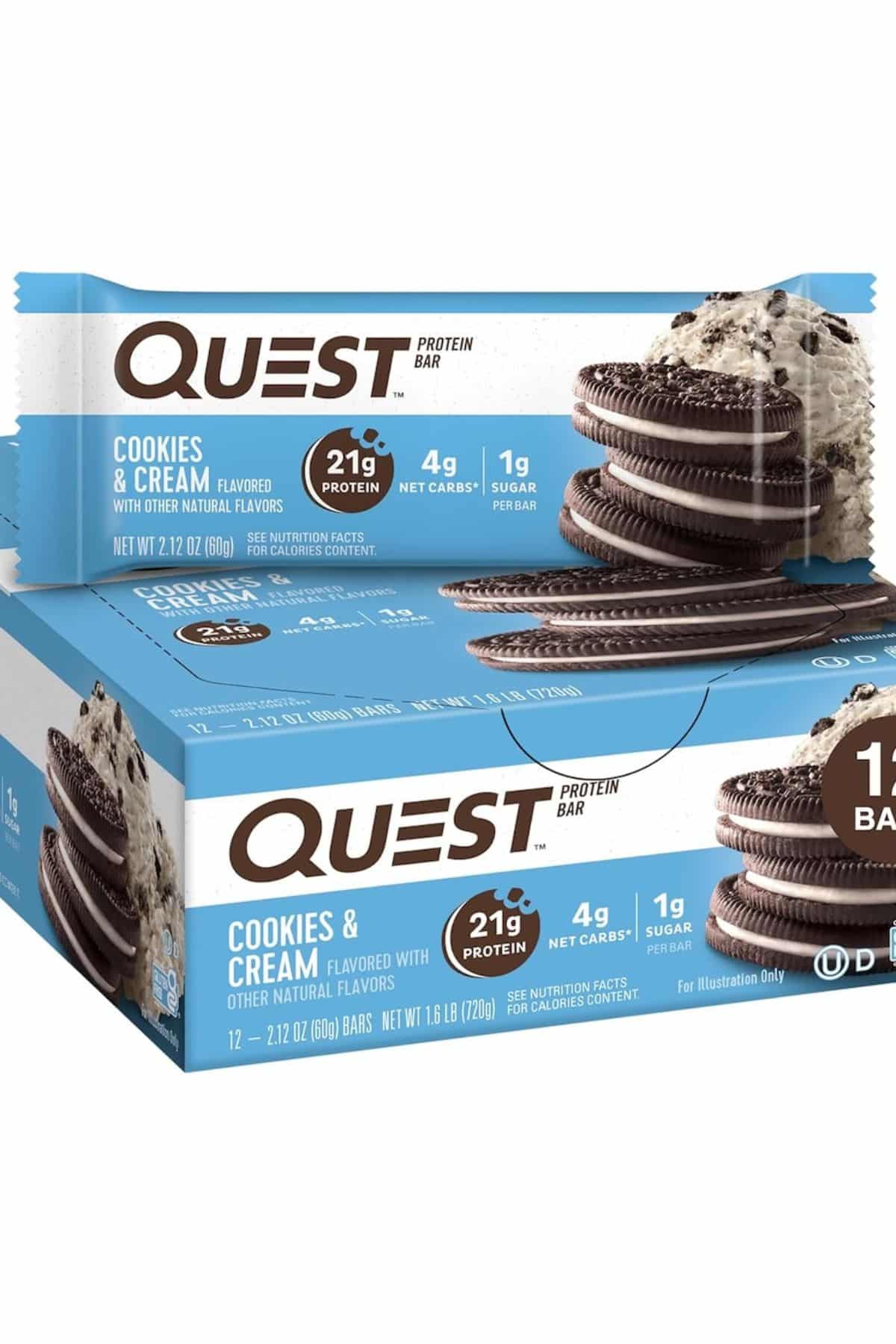 a cookies and cream Quest bar on top of a box.