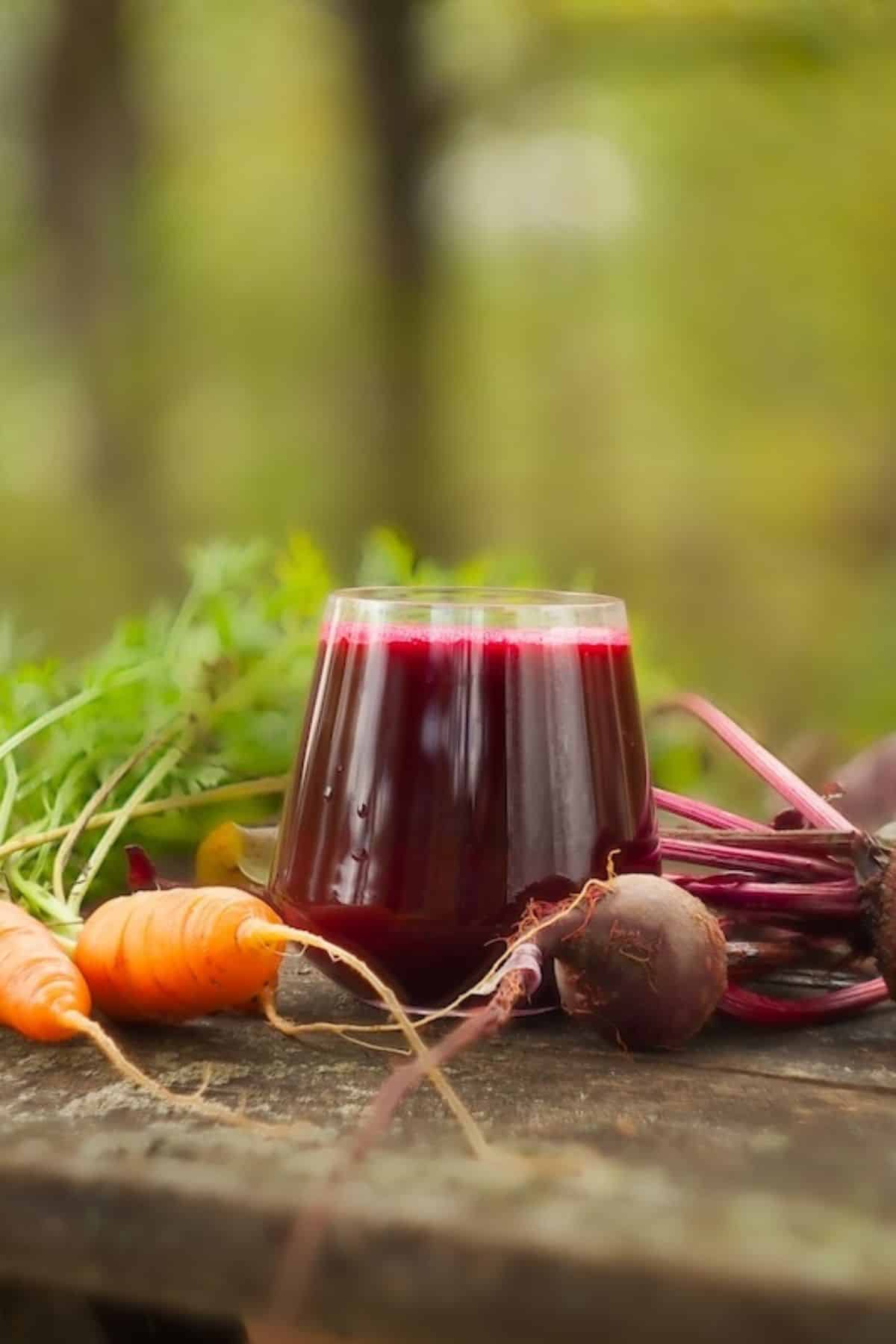 carrot beetroot juice on table.