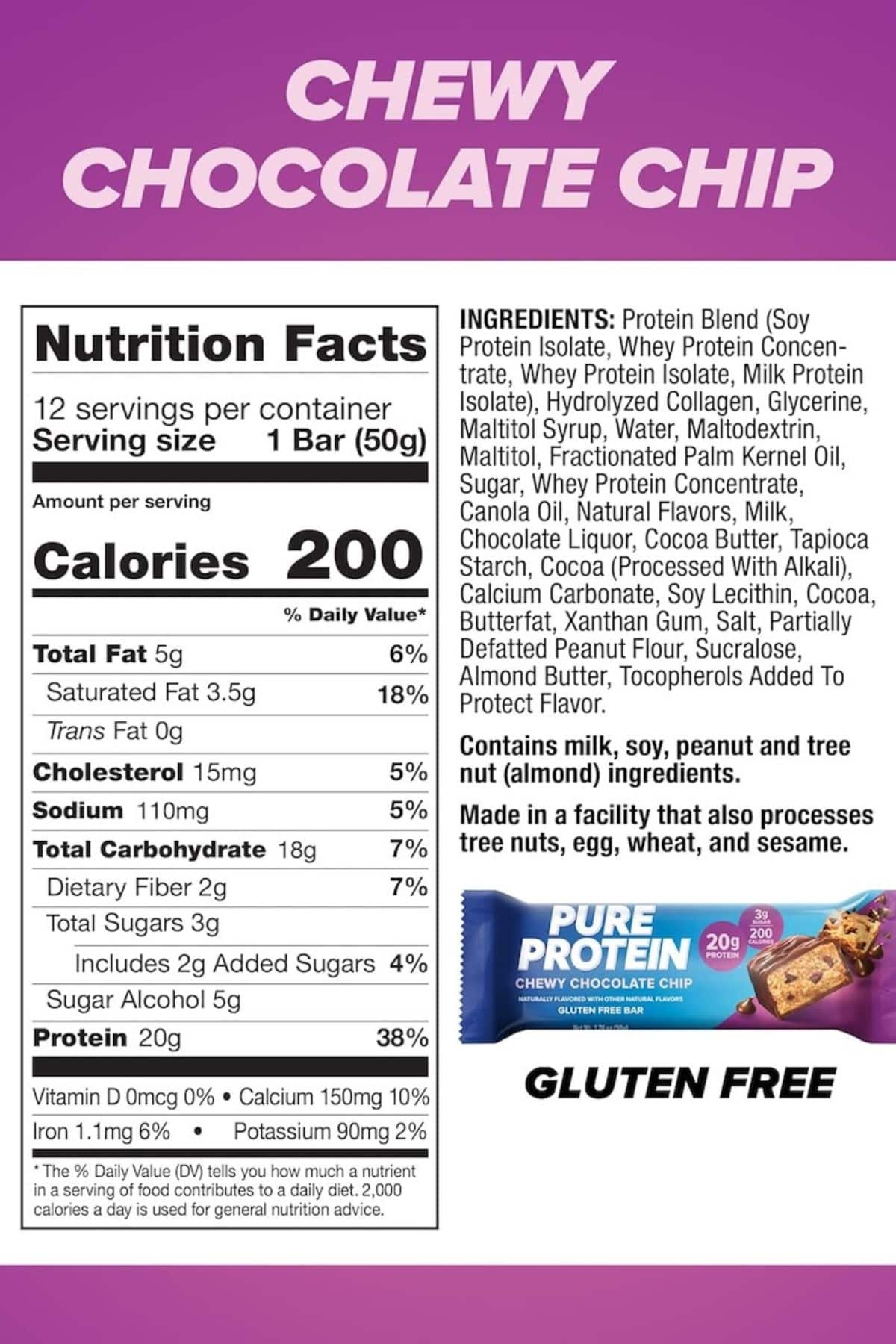 the nutrition label for Chewy Chocolate Chip Pure Protein Bars.