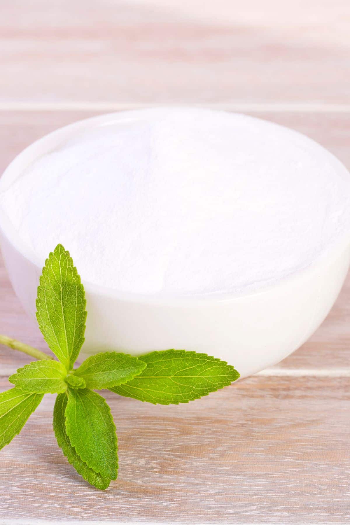 a stevia leaf in front of a white bowl of stevia sweetener.
