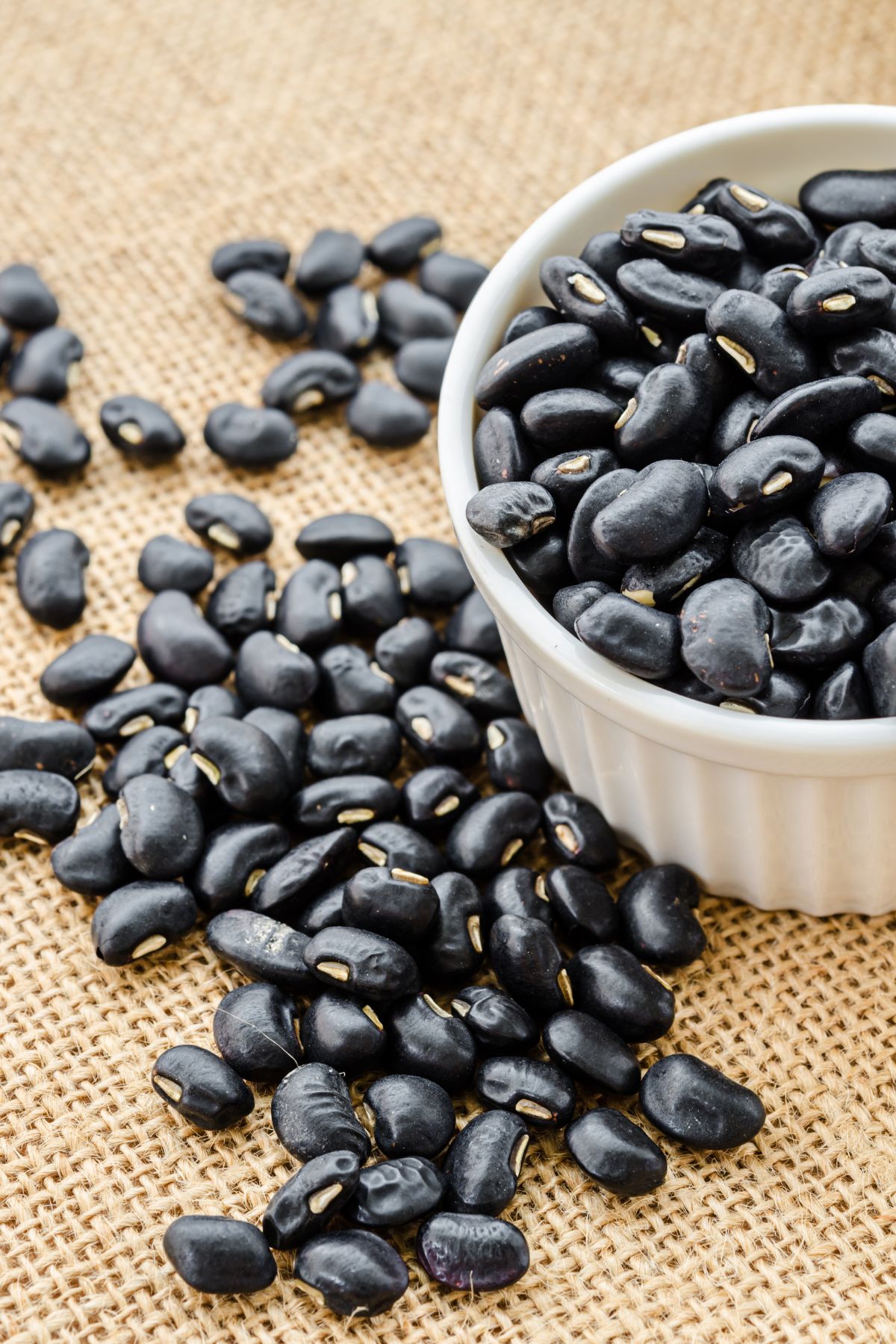 black beans in a white bowl.